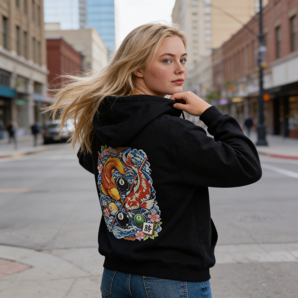 Koi Fish Hoodie with Rhinestone Drawstring